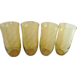 Lot of 4 Matching Vintage Amber Yellow Drinking Glass Swirl MCM 6" Tall